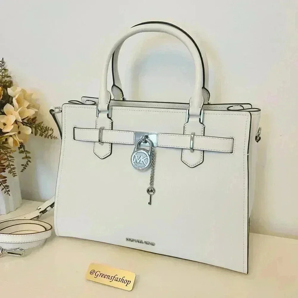 Michael Kors Purse Hamilton Medium Leather Satchel Optic white - Picture 1 of 9